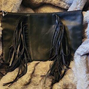 Elegant Fringe Leather Wristlet - Black